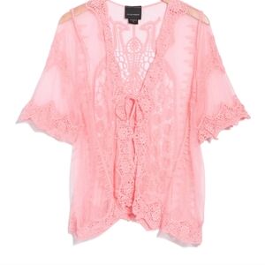 Forgotten Grace openfront sheer bubble gum pink cardigan with tie M / L Peacock